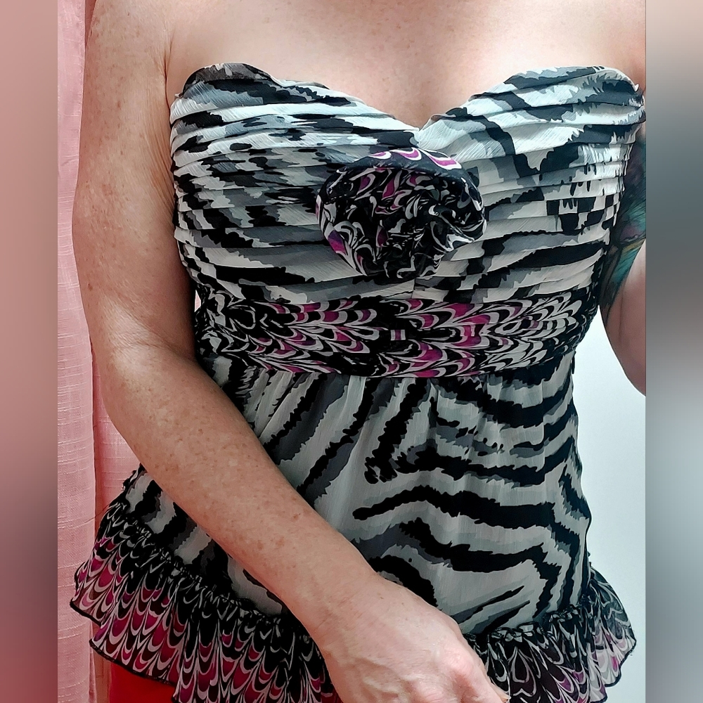2B Bebe Strapless Ruffle Top | Y2K Zebra Print Corset-Style Tube Top | Size S